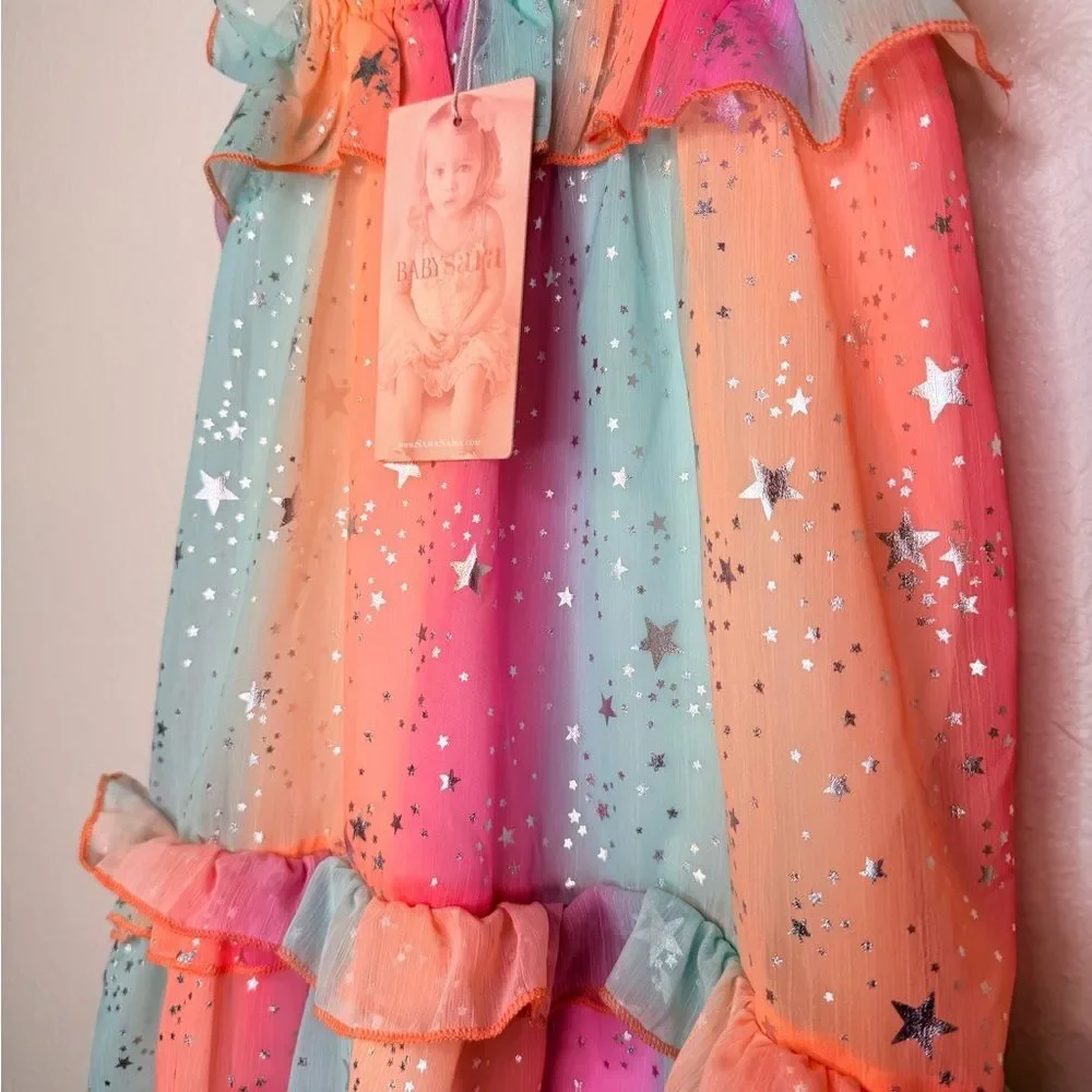 NWT ✨ BABY SARA Kids Ruffle Rainbow Dress with Metallic Stars Size 5